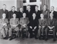 Quorum of the Twelve ca. 1950 [Back Row Left to Right: Delbert L. Stapley, Henry D. Moyle, Matthew Cowley, Mark E. Petersen, Harold B. Lee, Ezra Taft Benson, Spencer W. Kimball; Front Row Left to Right: John A. Widtsoe, Stephen L. Richards, David O. McKay, Joseph Fielding Smith, Joseph F. Merrill, A.E. Bowen.