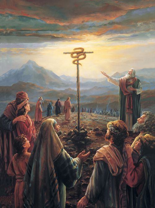 The Old Testament prophet Moses pointing to a staff with a brass serpent attached to the top.  The painting illustrates the event wherein Moses promised the Israelites that they would be saved from the fiery serpents if they looked at the brass serpent.