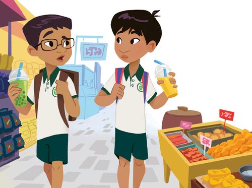 two boys in school uniforms walking through a market