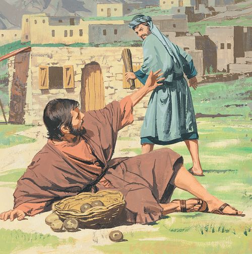 Sermon on the Mount - Jesus teaches that we should forgive those who do wrong to us - a man who has been injured is pictured with his attacker - ch.20-5