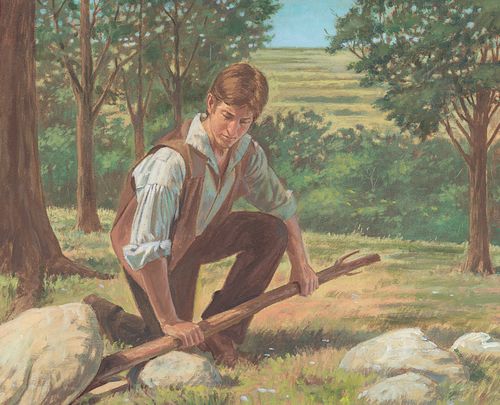 Joseph prying a rock up with a stick on top of the Hill Cumorah. Joseph Smith--History 1:50-52