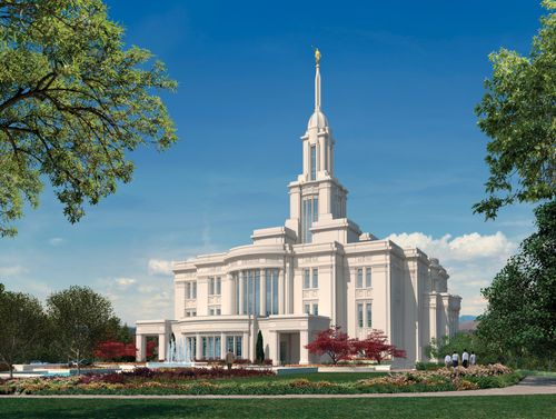 An artist’s rendition of the Payson Utah Temple, with trees growing on the grounds and people walking up the path to the entrance.