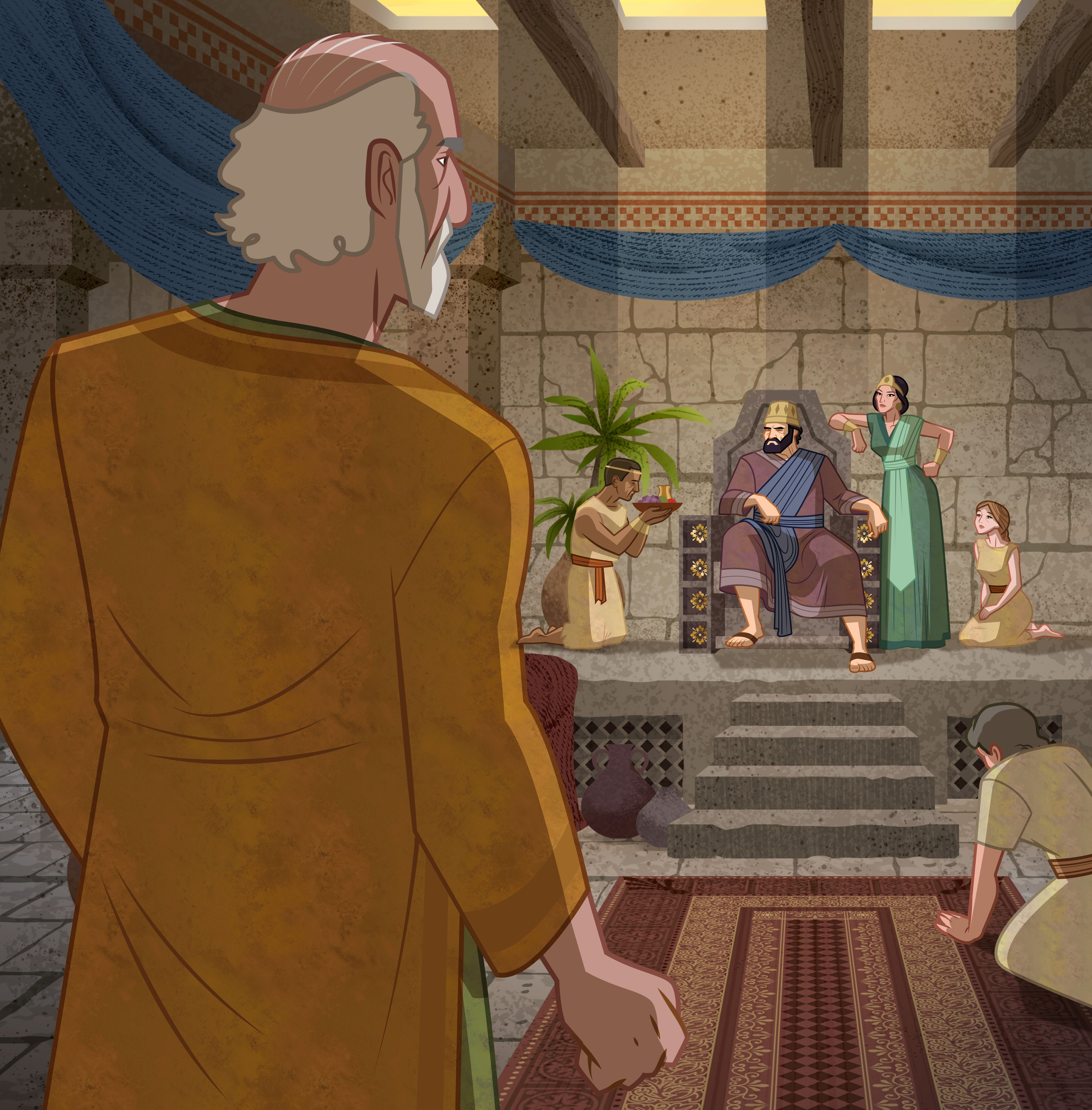 Illustration of Elijah talking to King Ahab and Queen Jezebel. 1 Kings 16:29–33; 17:1; 18:13