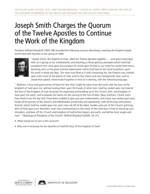 Handout: Joseph Smith Charges the Quorum of the Twelve Apostles to Contine the Work of the Kingdom