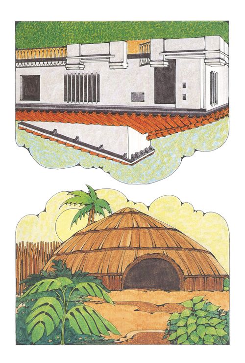 Two Primary cutouts of a brown subtropical or tropical home and a white Spanish-style home with an orange roof.