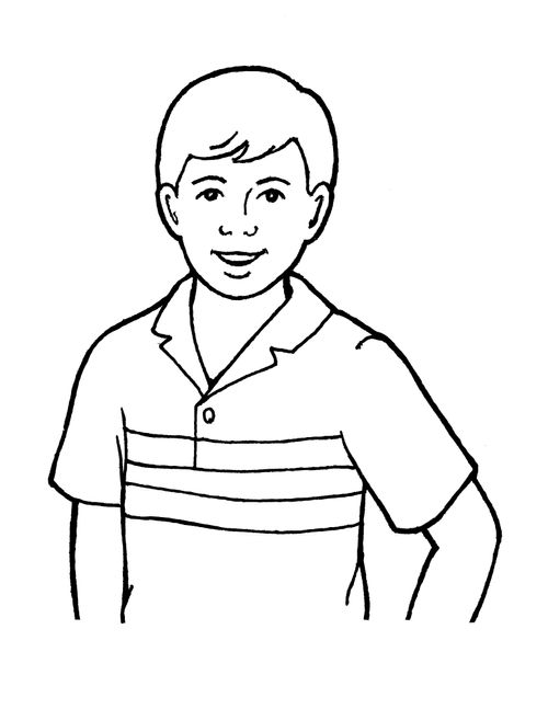A black-and-white illustration of a young man wearing a collared shirt with three stripes on it.