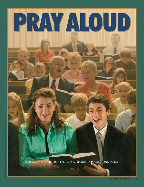 A poster showing a congregation singing a hymn, paired with the words “Pray Aloud."