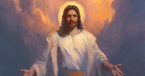 Painting of Jesus Christ by Mike Malm. Christ appears to be walking on the water with his arms outstretched to receive those who come, unto Him. There are clouds in the background with sunlight reflecting off the clouds. Light also emanates from around his head.