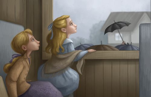 Illustration depicting two girls looking out a window.