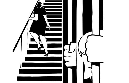 woman ascending stairs; man behind bars