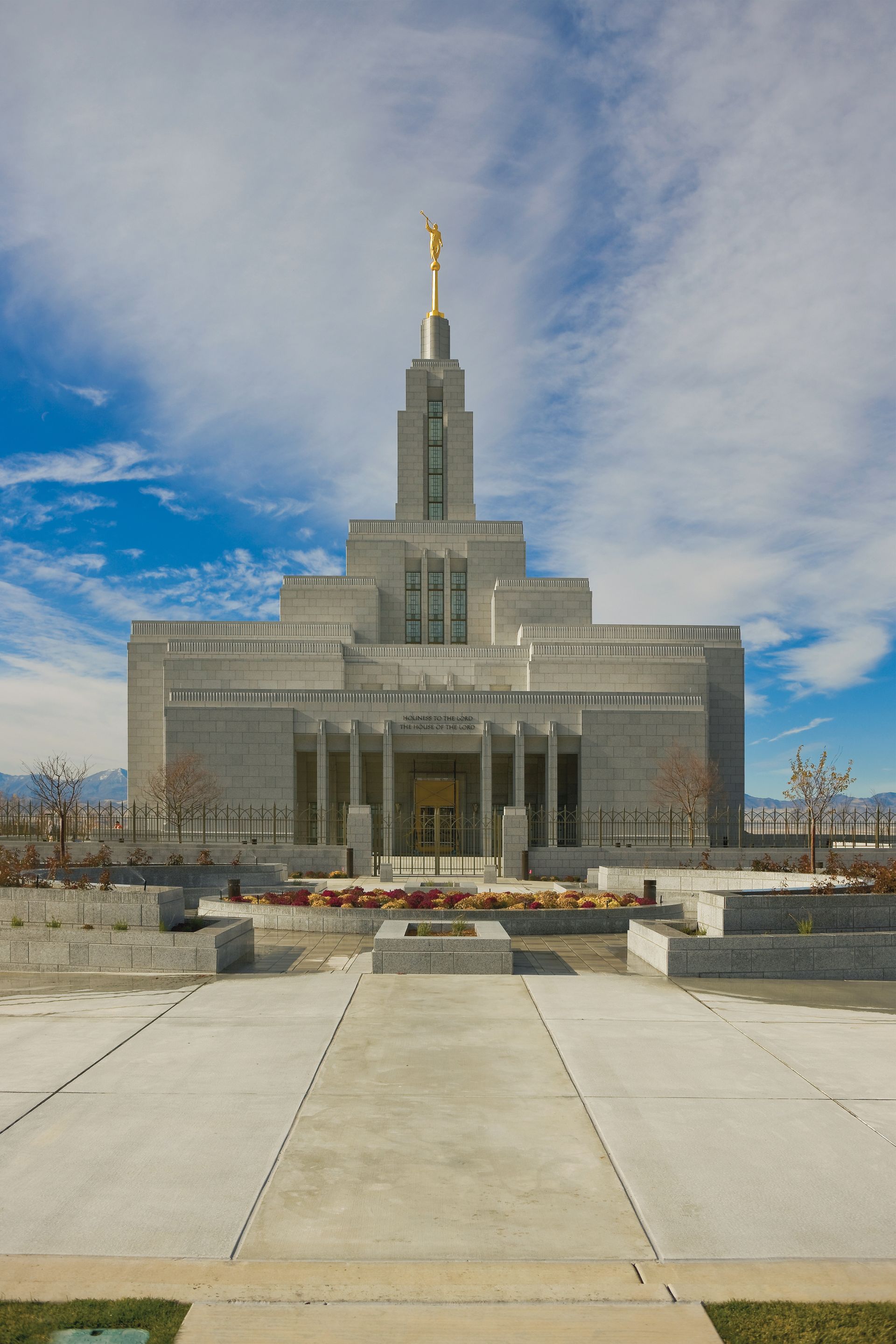 A portrait view of the entrance to the Draper Utah Temple.