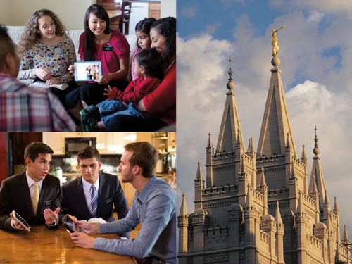 sister missionaries teaching family, elders teaching man, Salt Lake Temple spires