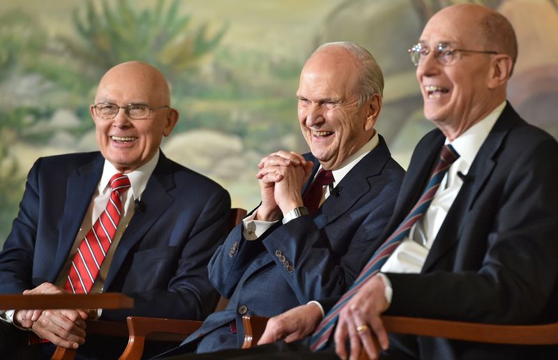 Photo of the new First Presidency taken at the Church Office Building in front of the large mural in the east lobby. President Russel M. Nelson, President Dallin H. Oaks and President Henry B. Eyring