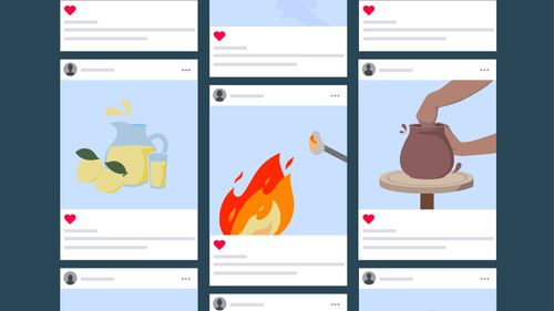 a social media feed showing lemonade, fire, and a pottery wheel