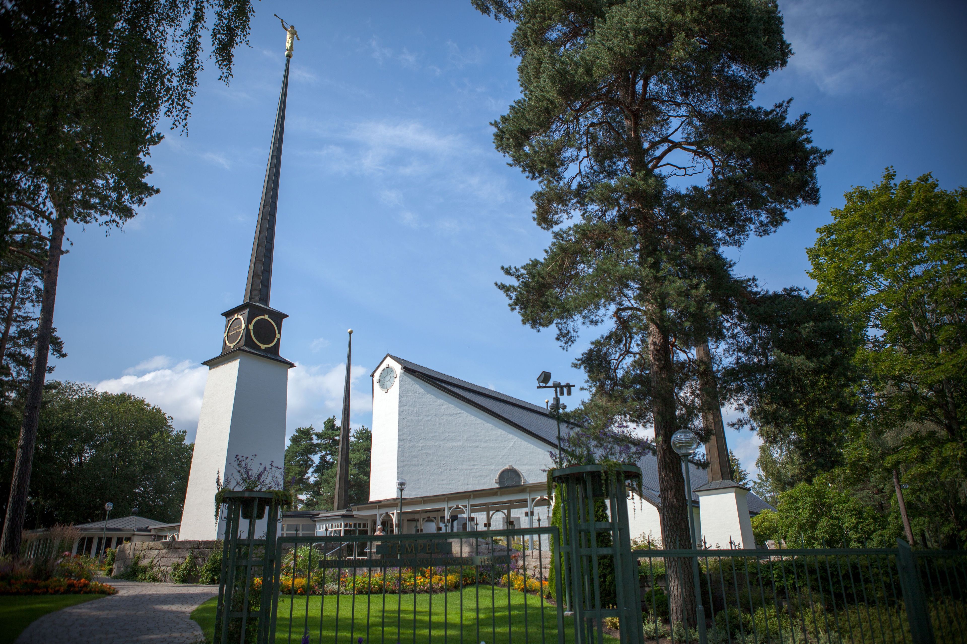 The Stockholm Sweden Temple spires, including the entrance and scenery.
