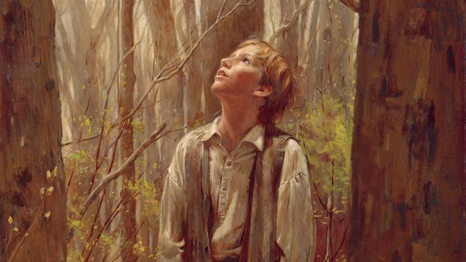 Painting of a young boy kneeling looking up at a grove of trees.   At the center of the painting is a young boy (age 14) kneeling.  His hands are resting on his thighs and he looks up at a light source above his head.  The boy wears grey trousers (with suspenders) and grey vest and an off-white shirt.  The shirt has a collar and two button placket at the front and the sleeves are rolled.  The young boy had blond hair that is slightly rumpled.  The background his a grove of trees, almost all with no leaves.  There are some low saplings immediately behind the boy.  The foreground has rocks, twings and small plants sprouting.  "Walter Rane 04"  appears in the lower right corner in red.