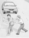 man pushing another man from street with automobile coming