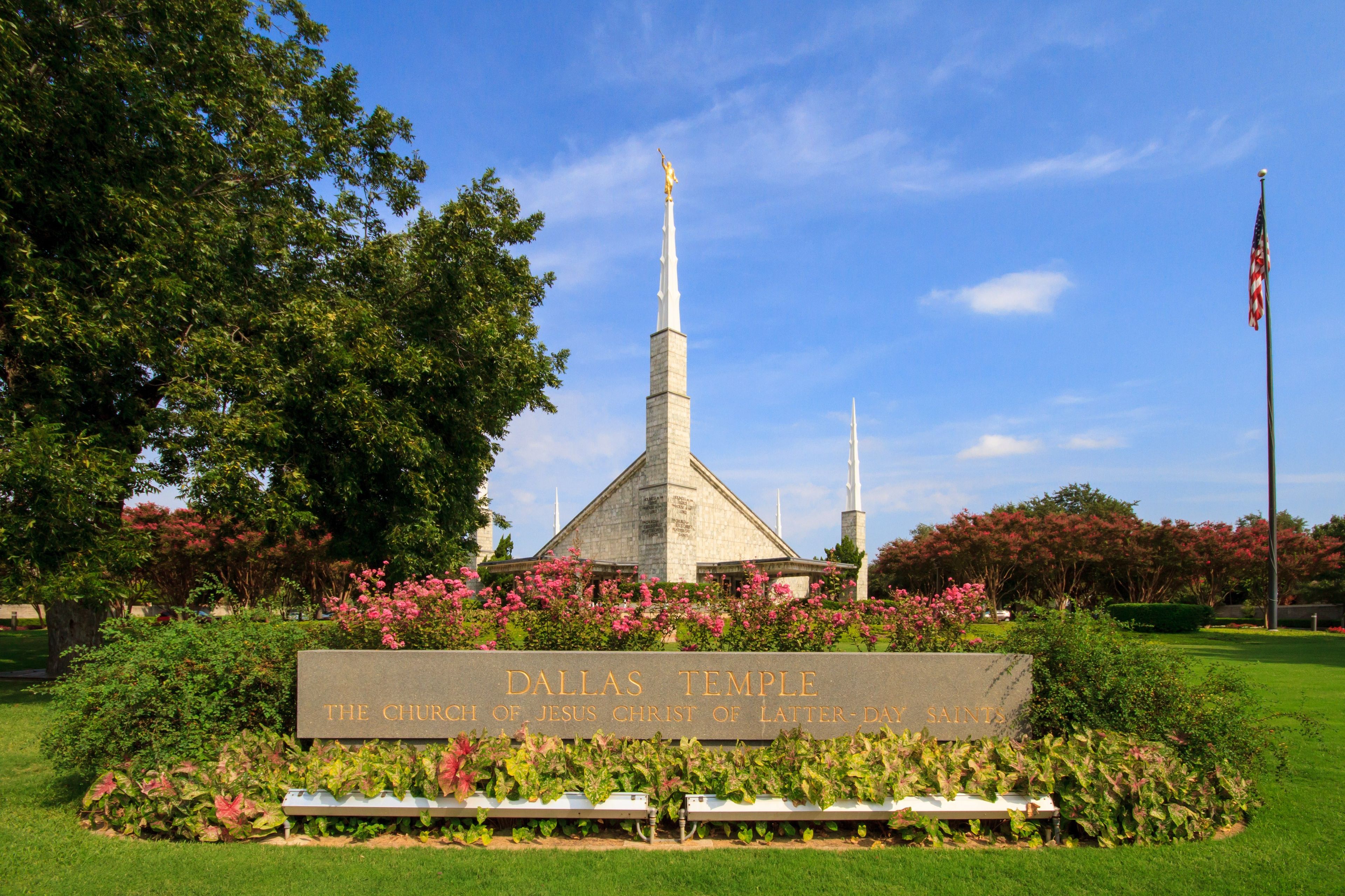 The temple name sign of the Dallas Texas Temple.