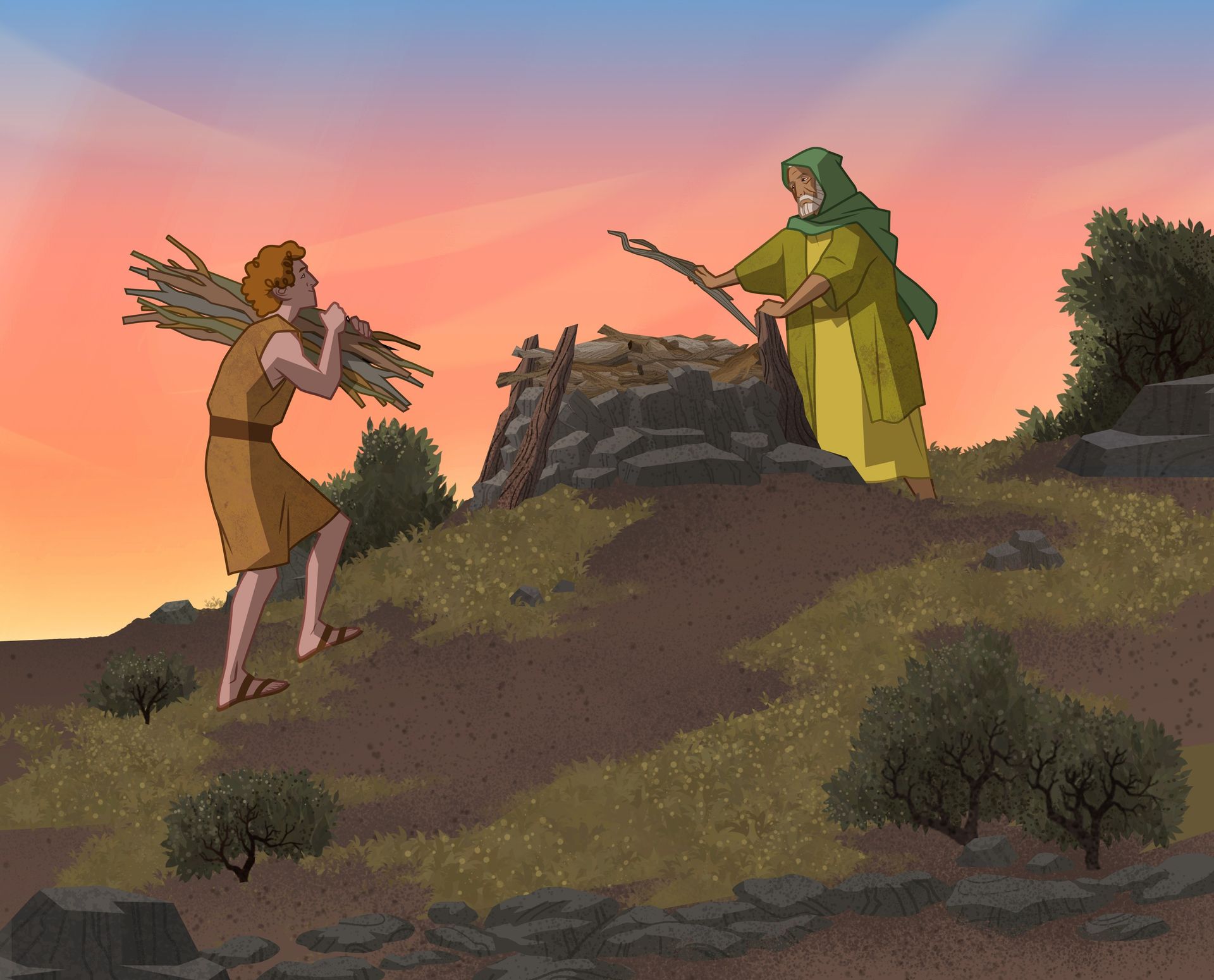 Illustration von Abraham und Isaak, die einen Altar bauen 
Genesis 22:8,9