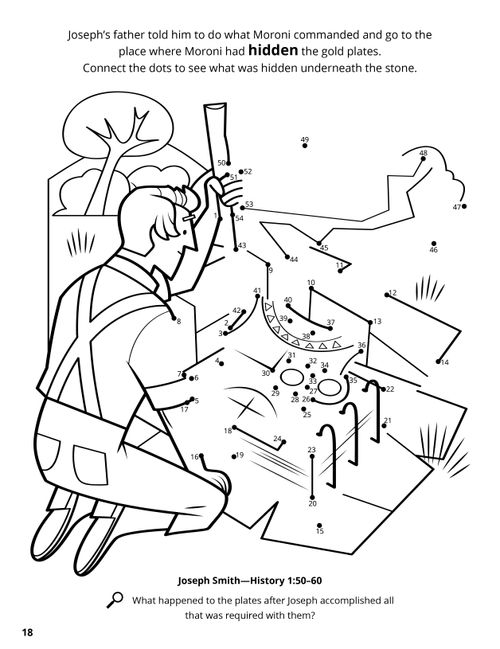 Coloring page with dot-to-dot activity of Joseph Smith and the gold plates