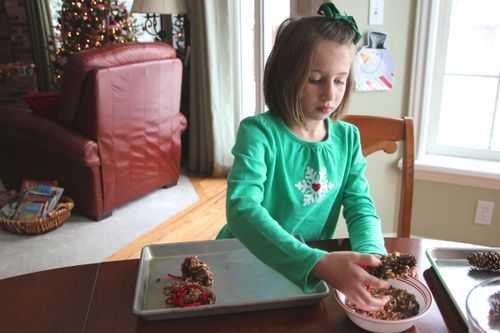 A girl in a green shirt dipping pine cones in birdseed at a kitchen table.