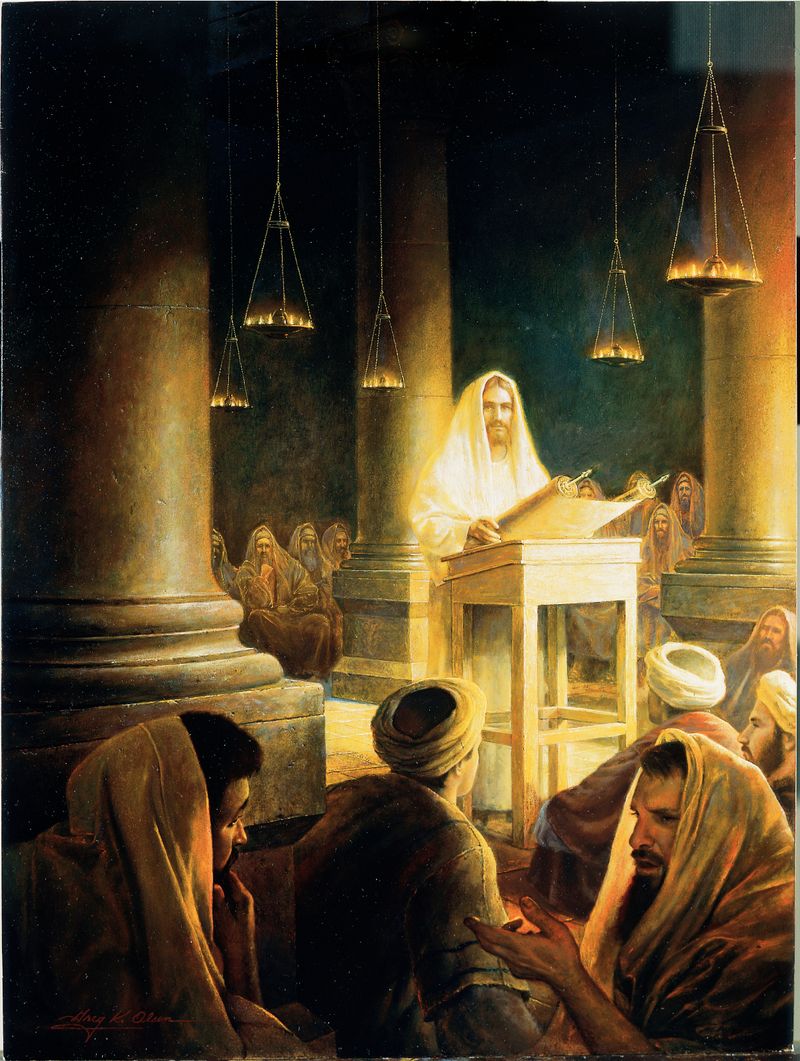 Jesus na Sinagoga de Nazaré, de Greg K. Olsen Esta imagem deve ser usada somente para propósitos da Igreja.