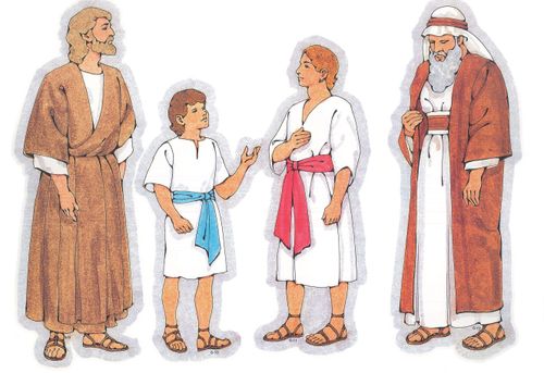 Primary cutouts of a biblical man in a brown robe, a biblical boy with brown hair, a biblical young man in white, and a biblical aged man in orange.