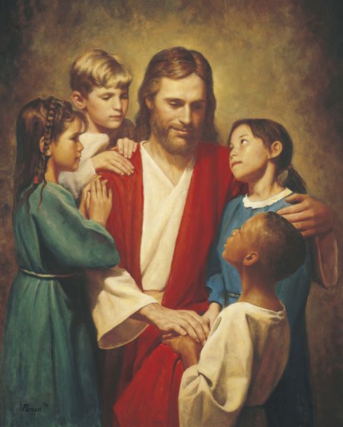 A painting by Del Parson showing Christ sitting in white and red robes, surrounded by four children from different backgrounds and nationalities.