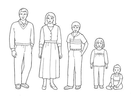 A black-and-white illustration of a family of five standing in a row, except for the baby girl, who is sitting.
