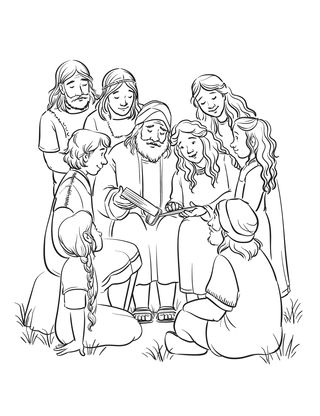 coloring page of Lehi reading scriptures to family