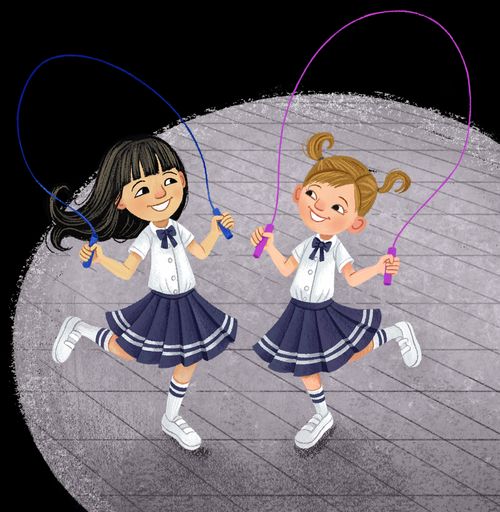 two girls jumping rope together