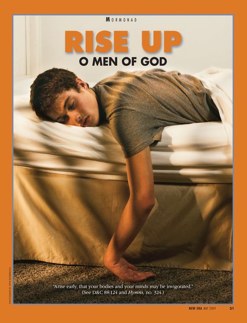 A poster showing a young man asleep in bed, paired with the words “Rise Up, O Men of God.”