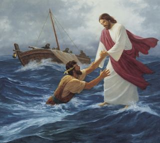 Jesus Christ walking on the water and reaching down to lift up Peter who is sinking. A fishing boat with other apostles is in the background.