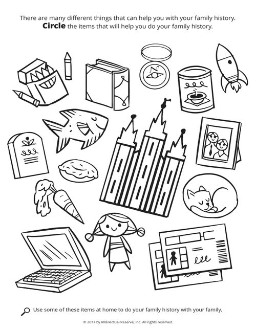 Line drawing of different things such as crayons, a fish, a cat, the salt lake temple, and more.
