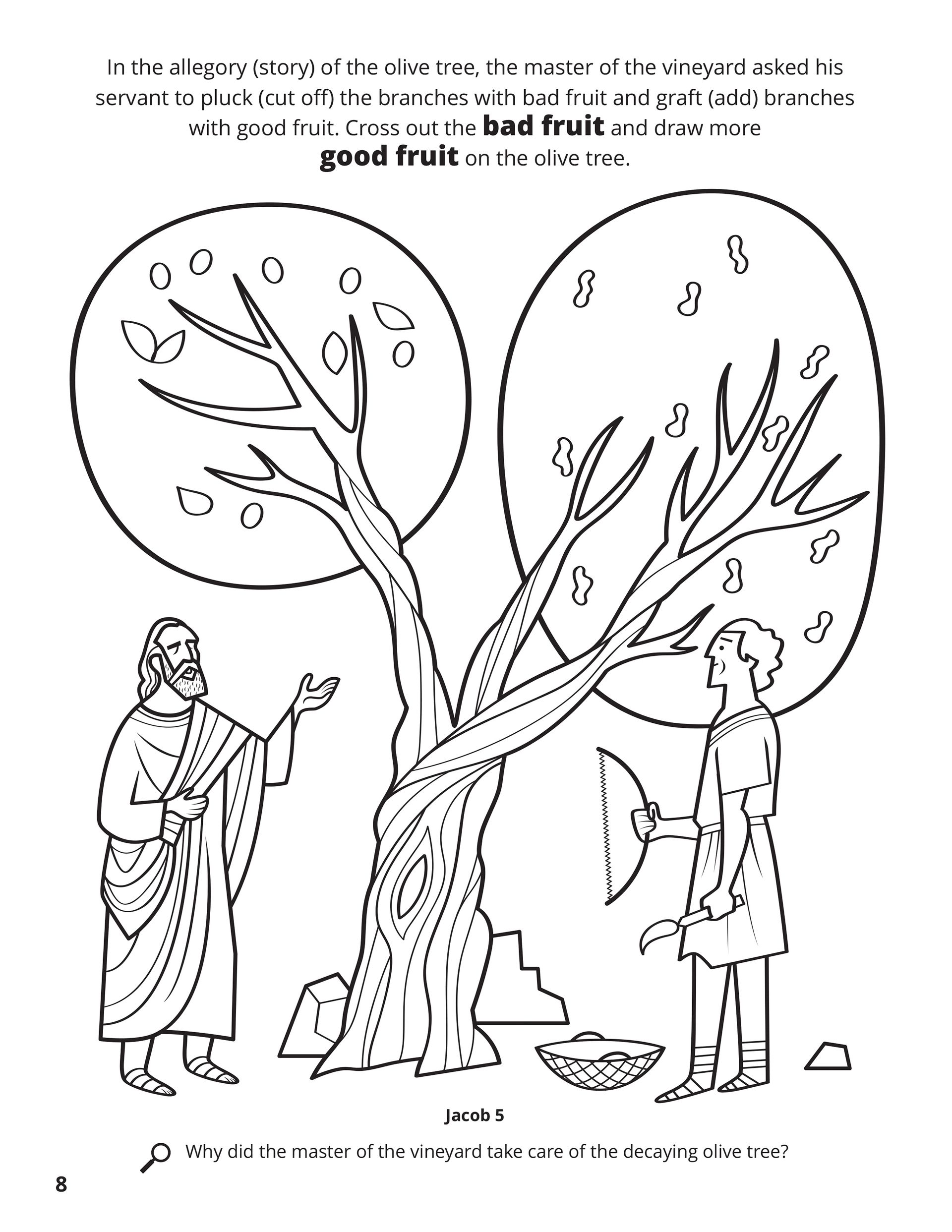 In the allegory (story) of the olive tree, the master of the vineyard asked his servant to pluck (cut off) the branches with bad fruit and graft (add) branches with good fruit. Cross out the bad fruit and draw more good fruit on the olive tree. Location in the Scriptures: Jacob 5. Search the Scriptures: Why did the master of the vineyard take care of the decaying olive tree?