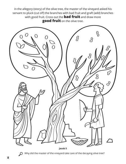A line drawing depicting the parable of the olive tree and the master of the vineyard.