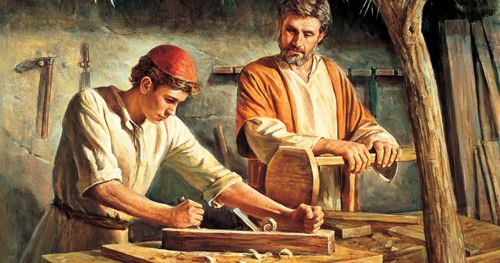 Christ as a youth learning carpentry skills in a carpenter’s shop. Joseph, the husband of Mary, is watching him.