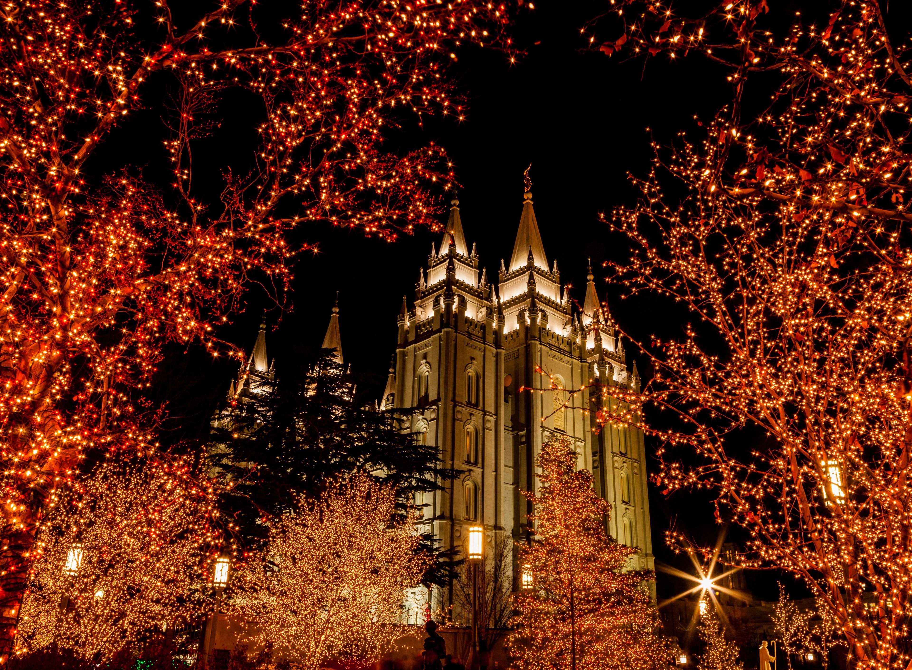 The Salt Lake Temple during Christmas, including scenery.