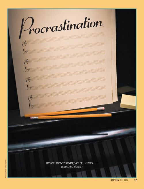 A conceptual photograph of a page of sheet music titled “Procrastination” that has no notes on it.