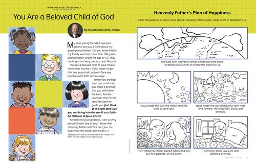 Article with illustrations of smiling kids and a coloring page panel story about the plan of salvation