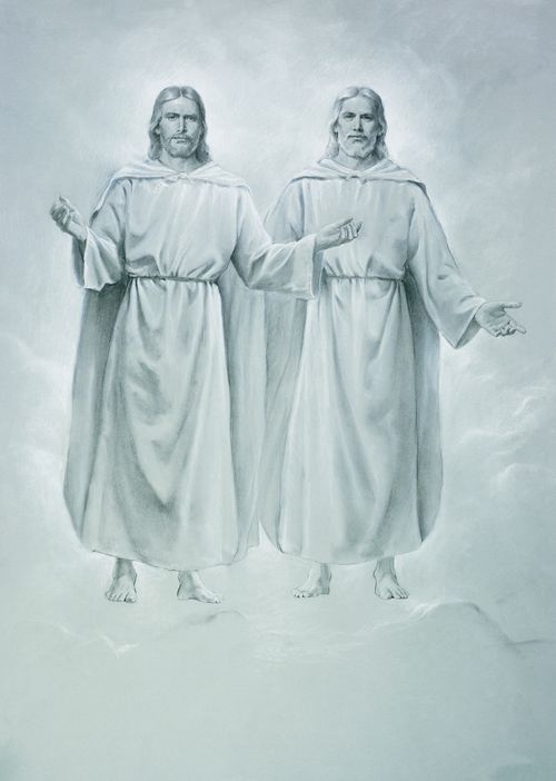 Jesus Christ and God the Father depicted standing by each other. Both are depicted in white robes. They have their arms extended.