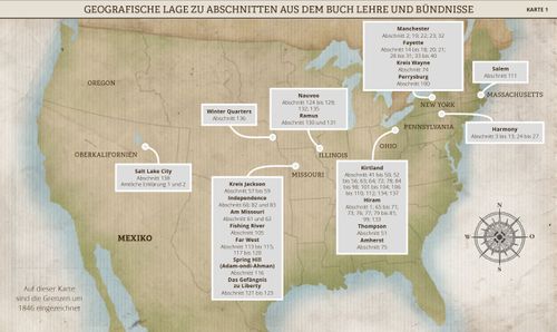 Karte 1: Geografische Lage zu Abschnitten aus dem Buch Lehre und Bündnisse