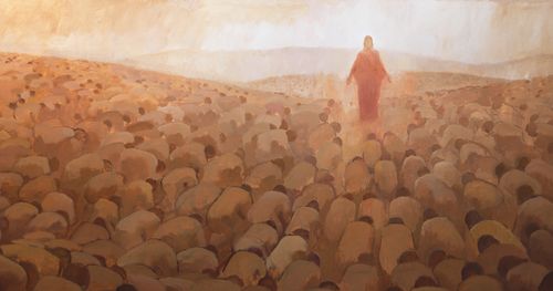 Jesús de pie frente a personas arrodilladas