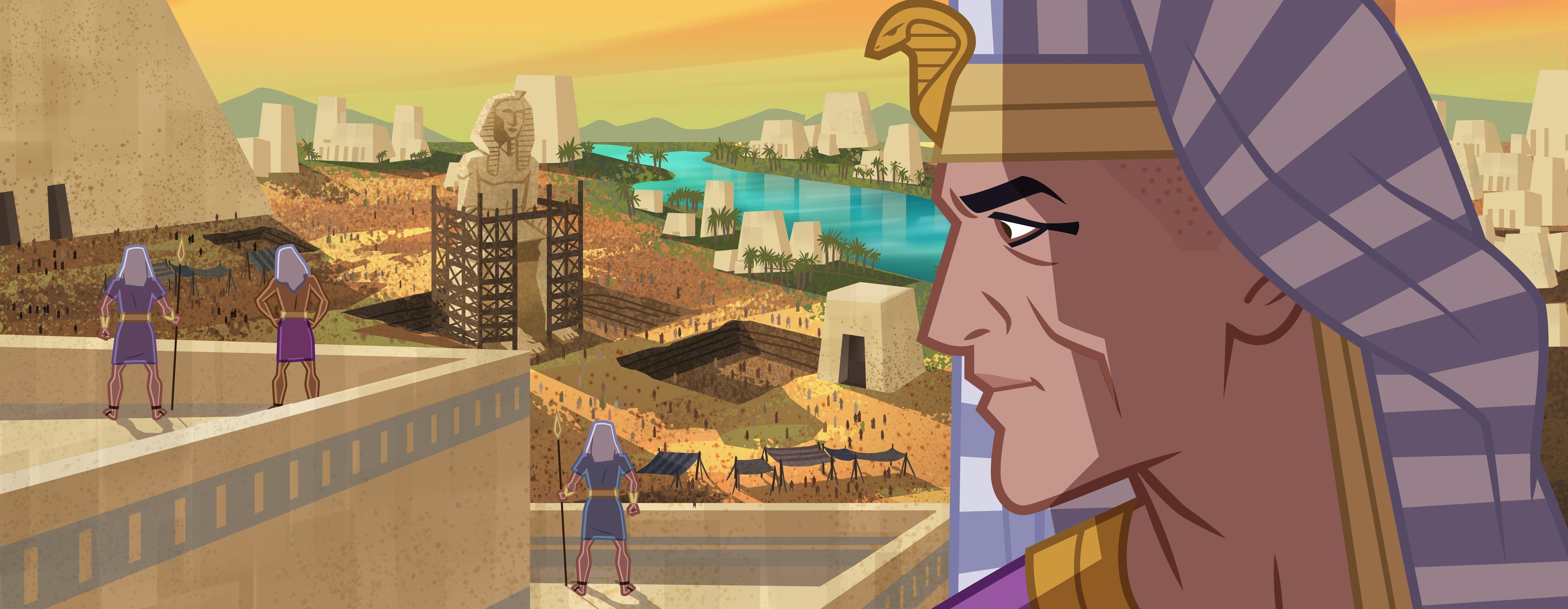 Ilustración de Faraón mirando el reino. 
Éxodo 1:7–14
