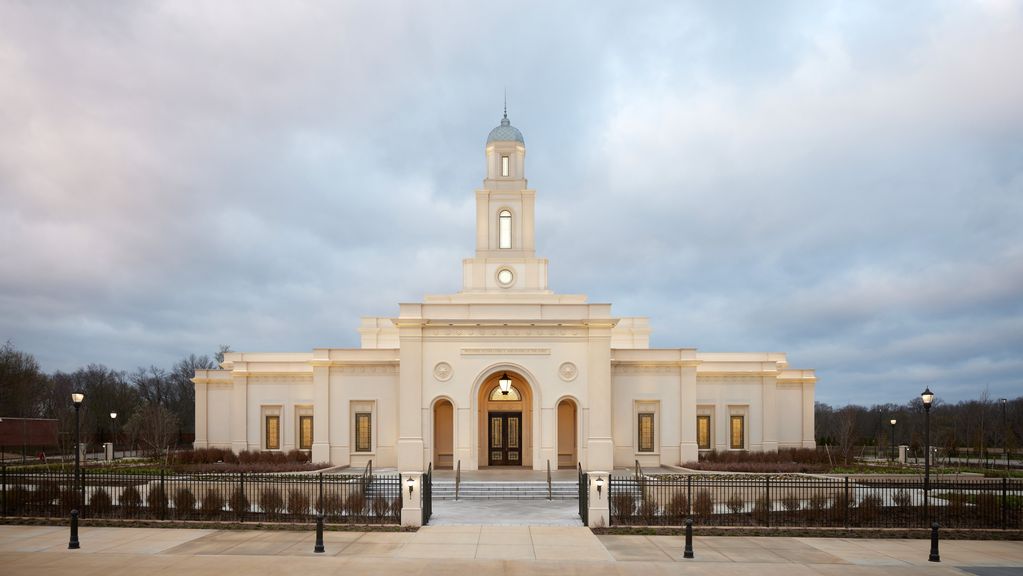 An exterior image of the Bentonville Arkansas Temple taken in the morning. 