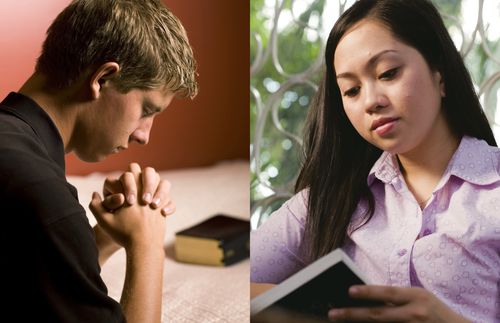 young man praying and young woman reading scriptures