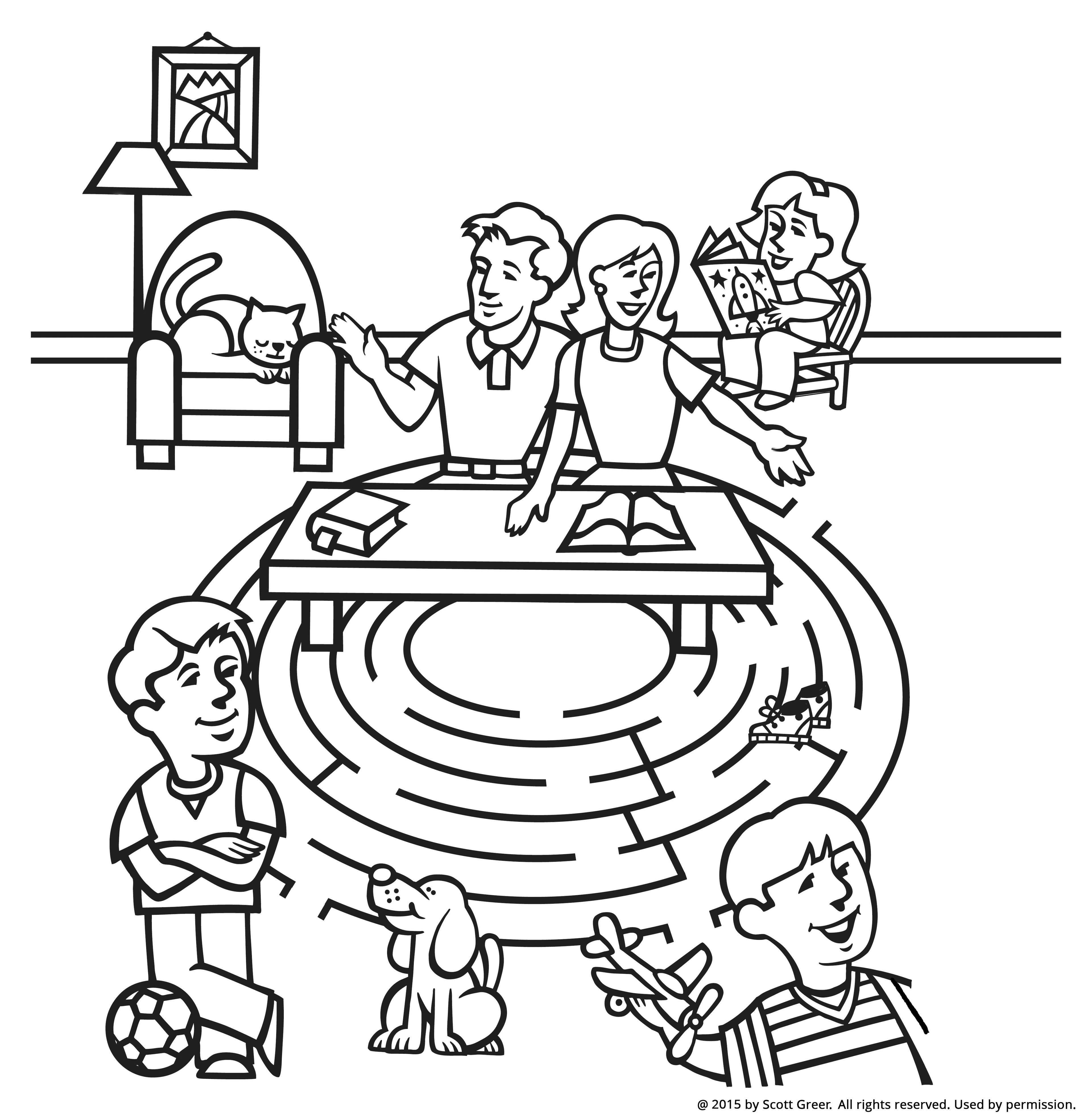 A maze leading to family members, each involved in different activities.
