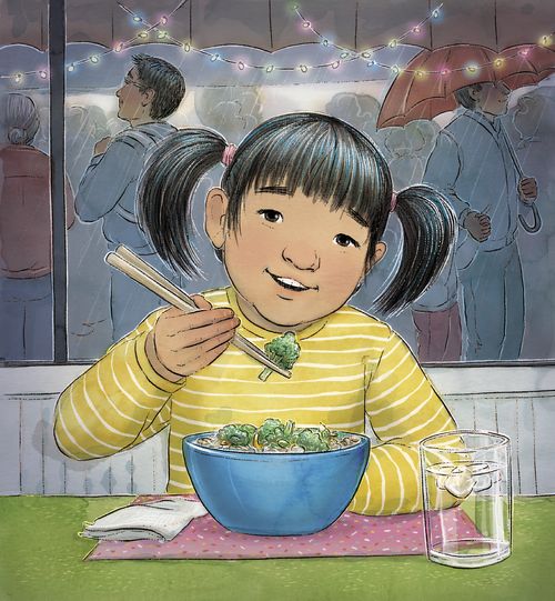 girl eating broccoli with chopsticks