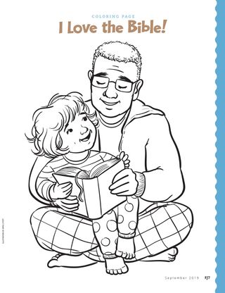 coloring page of dad reading scriptures with daughter