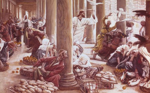 Jesus Christ depicted holding a scourge made of small cords as He drives the merchants and moneychangers from the temple. The merchants and moneychangers are fleeing from Him. Doves and other birds are flying away in the confusion. (Matthew 21:12-13, Mark 11:15-17, Luke 19:45-46, John 2:14-16)